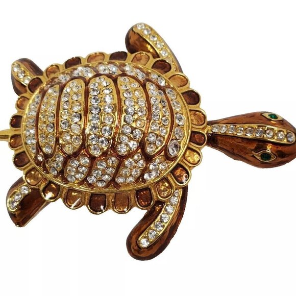 Vintage Large Sea Turtle Pin Gold tone Enamel Rhinestones Brooch - Picture 6 of 12